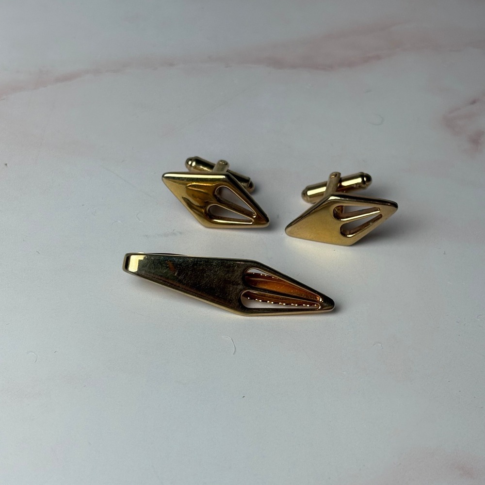 Vintage Hickok USA Gold‎ Tone Geometric Cufflink and Tie Clip Set Mens Formal
